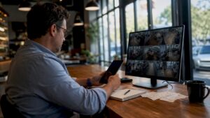 Store manager reviewing security camera footage