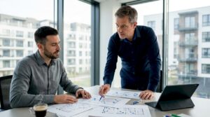 Property manager reviewing CCTV plans at desk