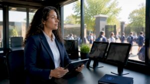 Security manager monitoring school cameras
