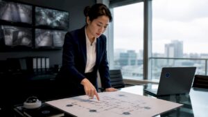Security manager reviewing surveillance setup floor plan