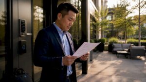 Property manager reviewing access control checklist at entrance