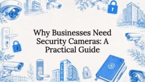 Decorative security camera themed title card illustration