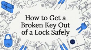 Decorative title card illustration with lock and key sketches