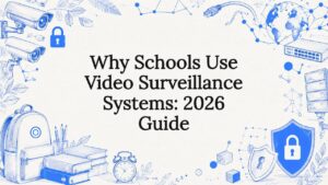 Decorative title card illustration with security and school icons