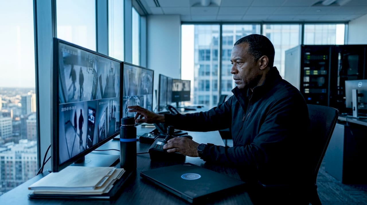 Security professional reviewing surveillance monitors