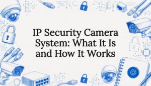 Decorative title card illustration for IP security cameras