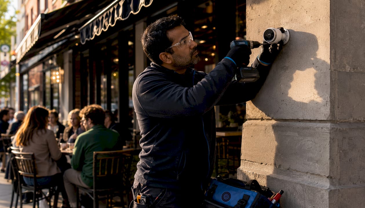 Technician installing outdoor CCTV camera