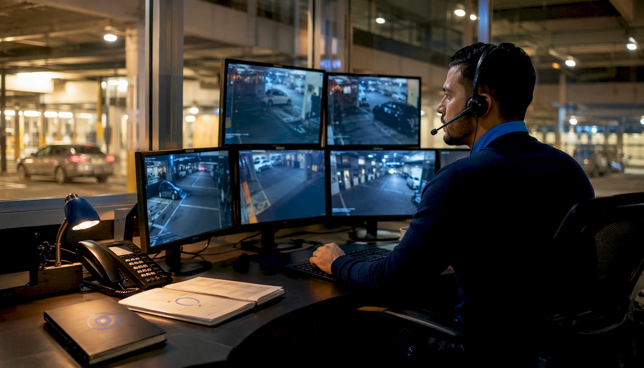 Parking garage security monitoring room view