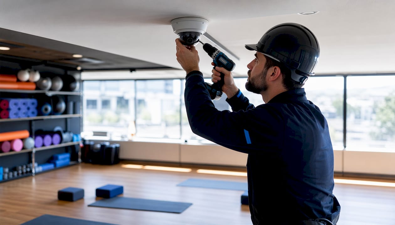 Technician installing fixed dome security camera indoors