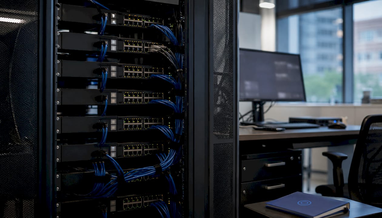 Close-up view of managed PoE switches in security network rack