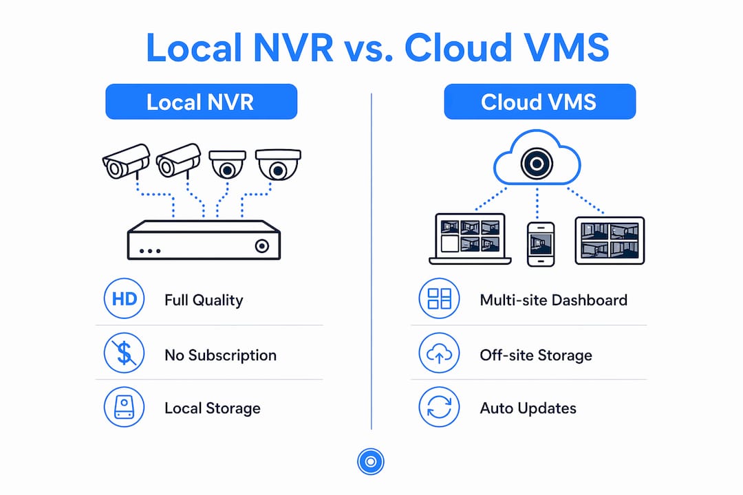 Infographic comparing local NVR and cloud VMS features