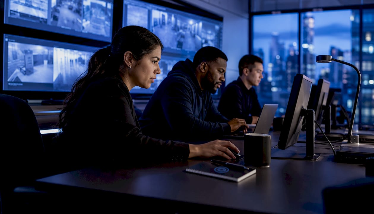 Security team monitoring AI camera feeds at office