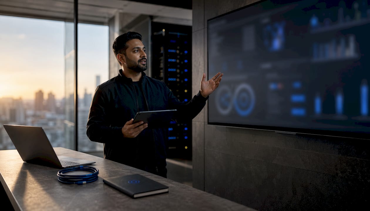 Technician presenting cloud security dashboard