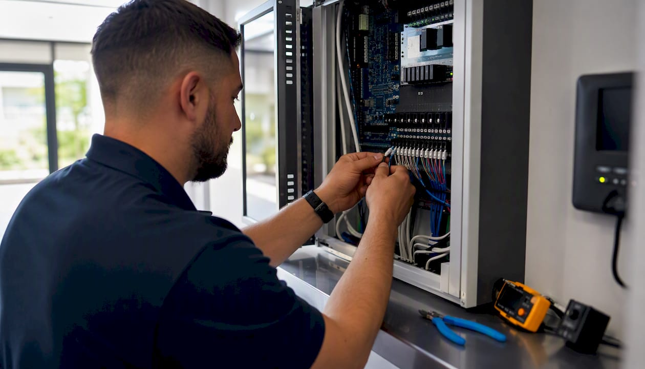 Technician wiring security system in NYC building