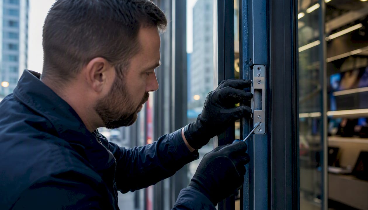 Locksmith installing electric strike lock at storefront
