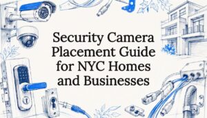 Decorative security camera placement title card illustration