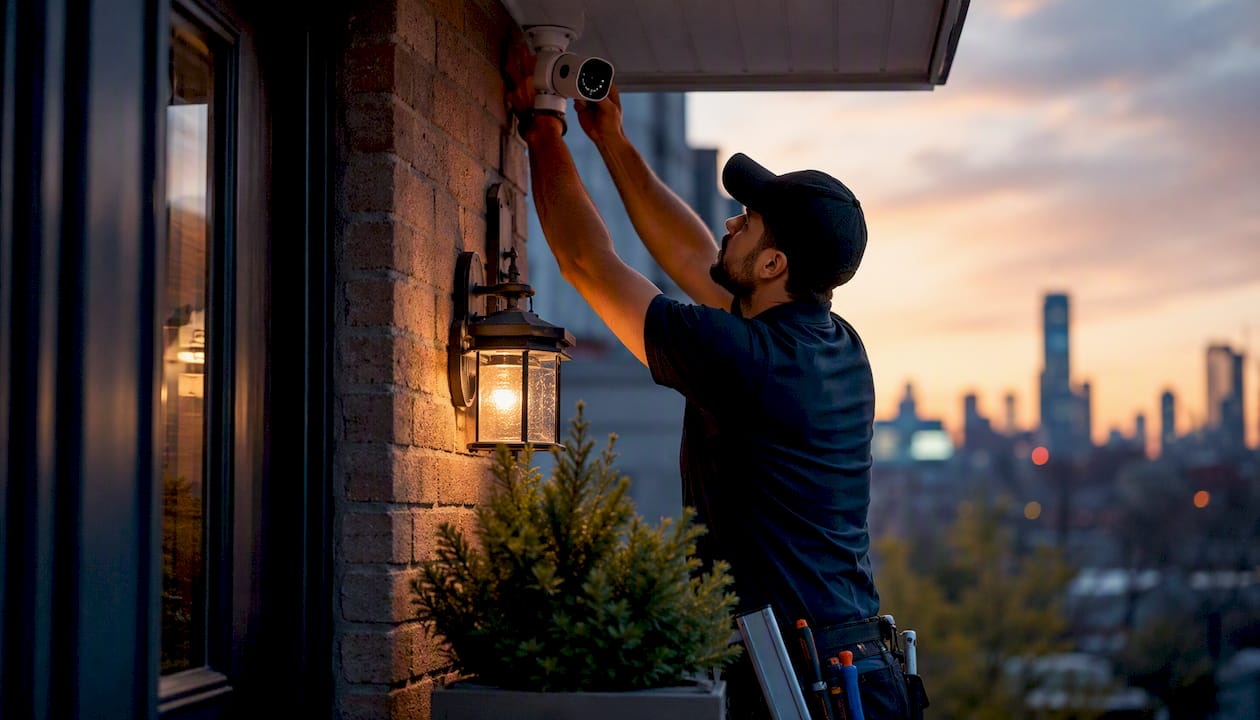 Security camera mounting on residential front door eave