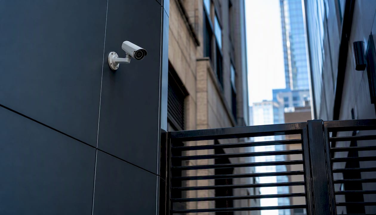 Side yard security camera overlooking alley and entry gate