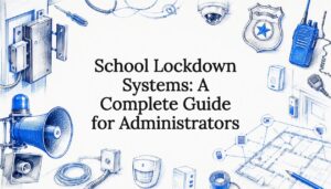Decorative title card illustration of school lockdown system elements