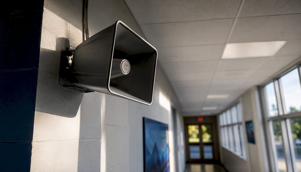School hallway PA speaker emitting lockdown alert