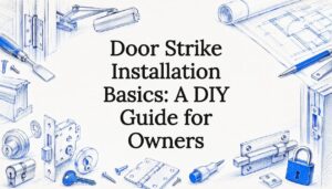 Decorative title card illustration for door strike installation
