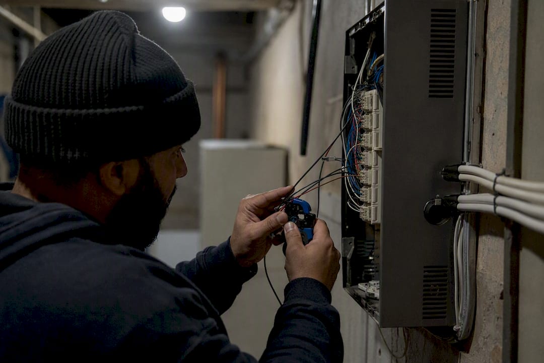 Technician wiring intercom panel close-up