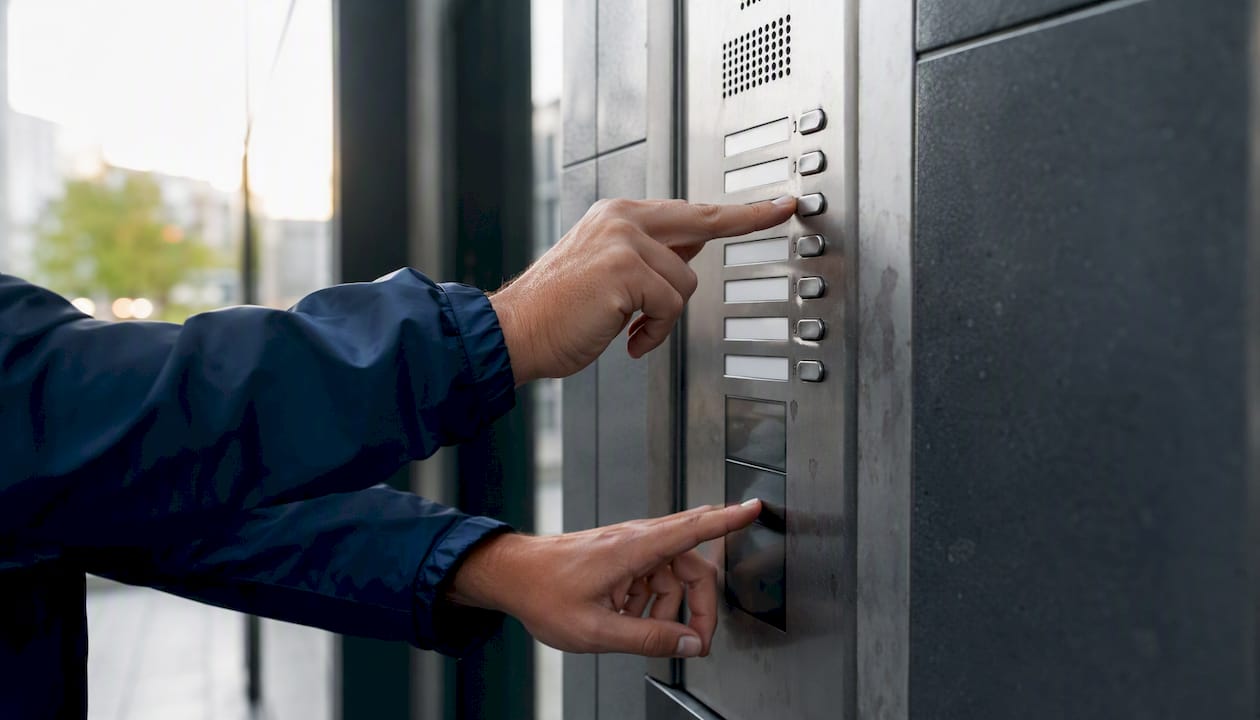 Hands pressing buttons on intercom panel