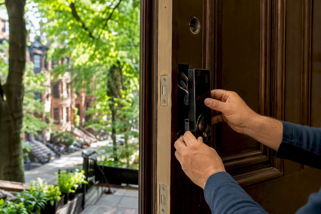 Locksmith hands installing smart lock on NYC residence door