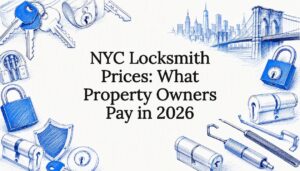 Decorative locksmith and NYC security themed title card illustration