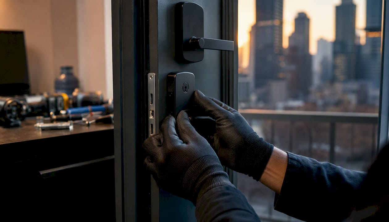Locksmith hands installing deadbolt lock on NYC apartment door