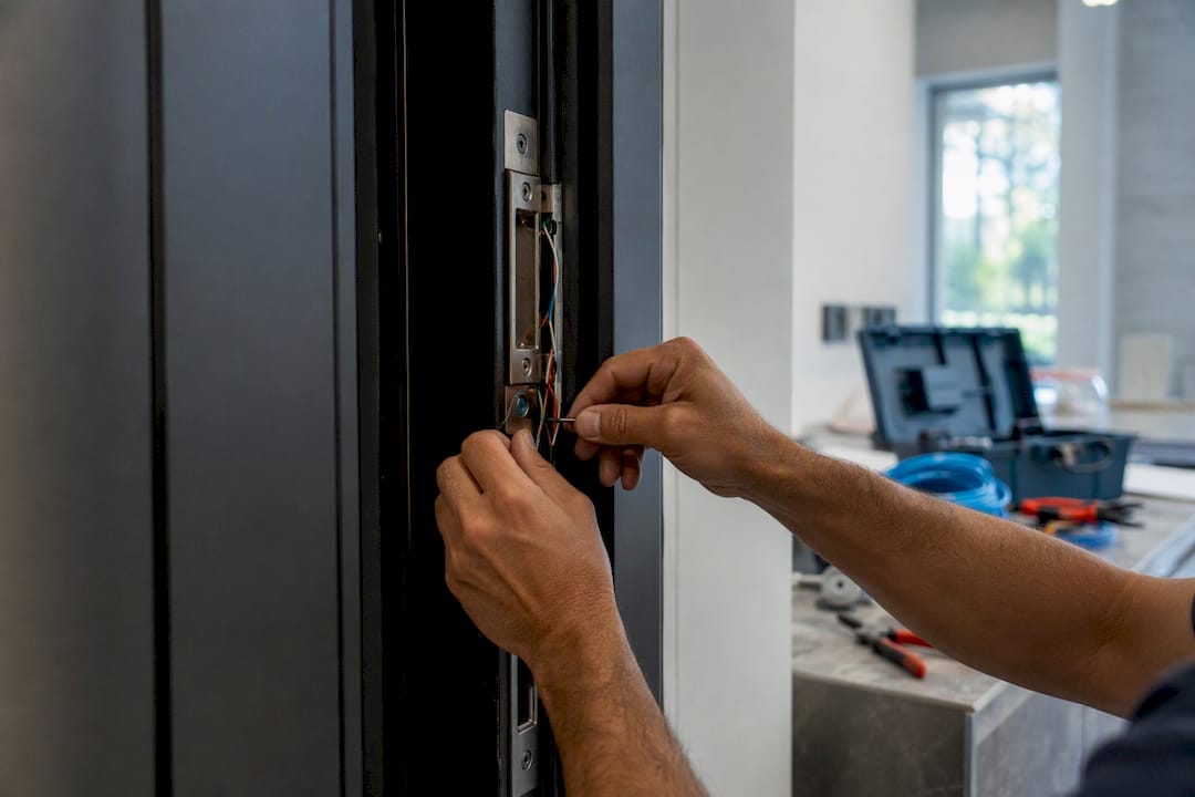 Electric door strike hardware installation close-up