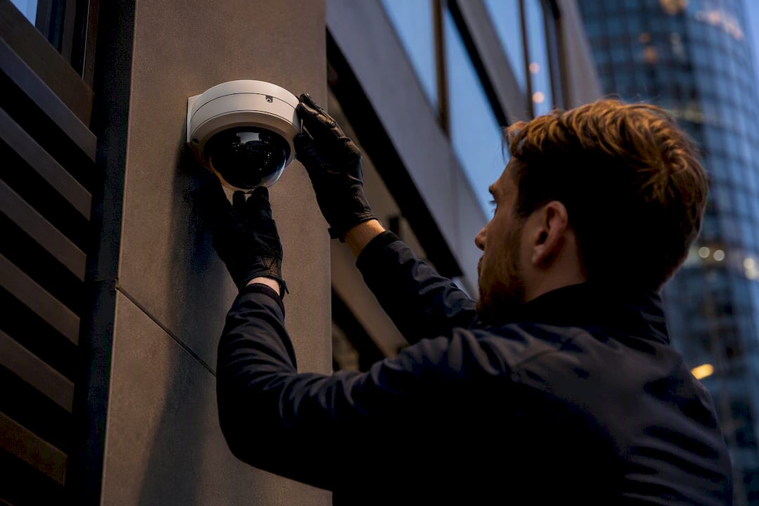 Installer inspecting vandal-resistant camera housing