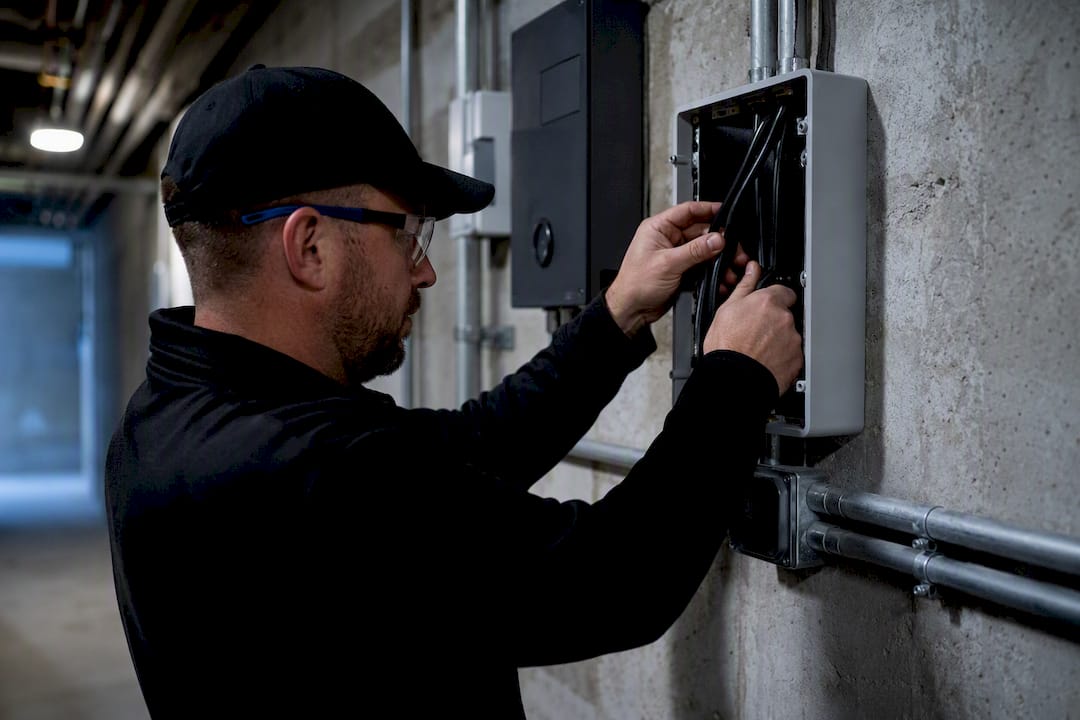 Technician routing security cables in junction box