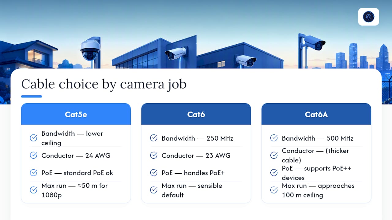 Diagram comparing Cat5e, Cat6, and Cat6A cable specifications