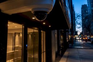 Anonymous security camera watching NYC storefront entrance