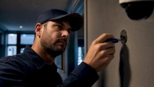 Technician checking security installation workmanship