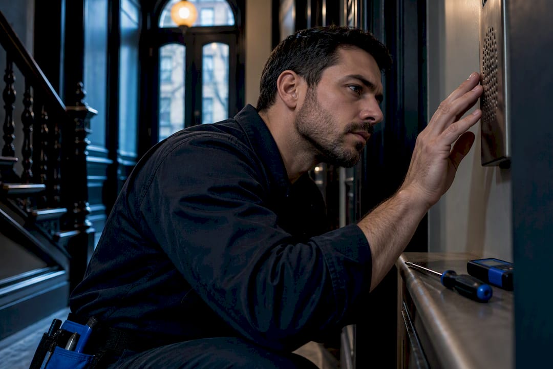 Technician examining buzzing intercom speaker