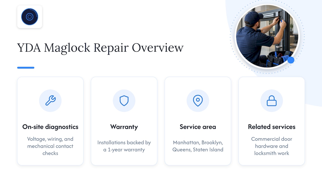 Get code-compliant maglock repair from YDA Security Systems NYC — overview diagram